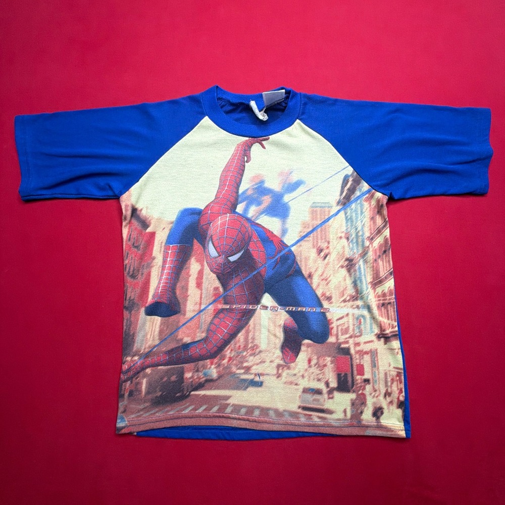 Vintage 2004 Spider-Man 2 Movie Promo Shirt Blue Raglan All Over Print Marvel S